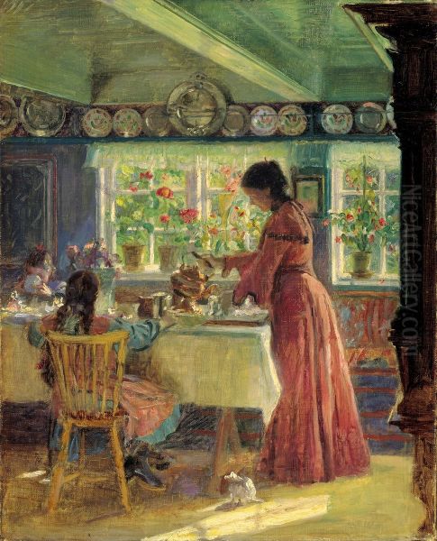 Pouring the morning coffee Oil Painting by Laurits Tuxen