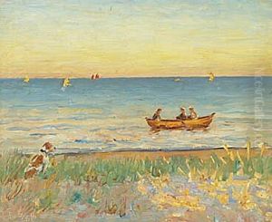 Skagen Sonderstrand with three men in a rowboat and a dog on the beach.