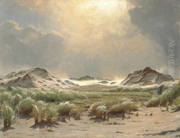 Klitparti med staerk blaest, Skagen Oil Painting by Laurits Tuxen