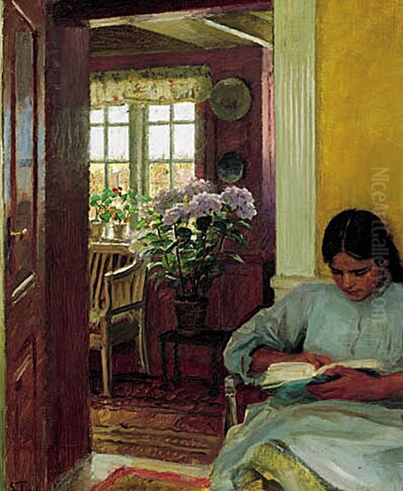 Yvonne Tuxen laeser i villa Dagminne. Oil Painting by Laurits Tuxen