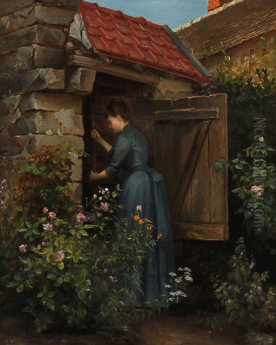 En pige ved en brond i en have Oil Painting by Ludovica Thornam