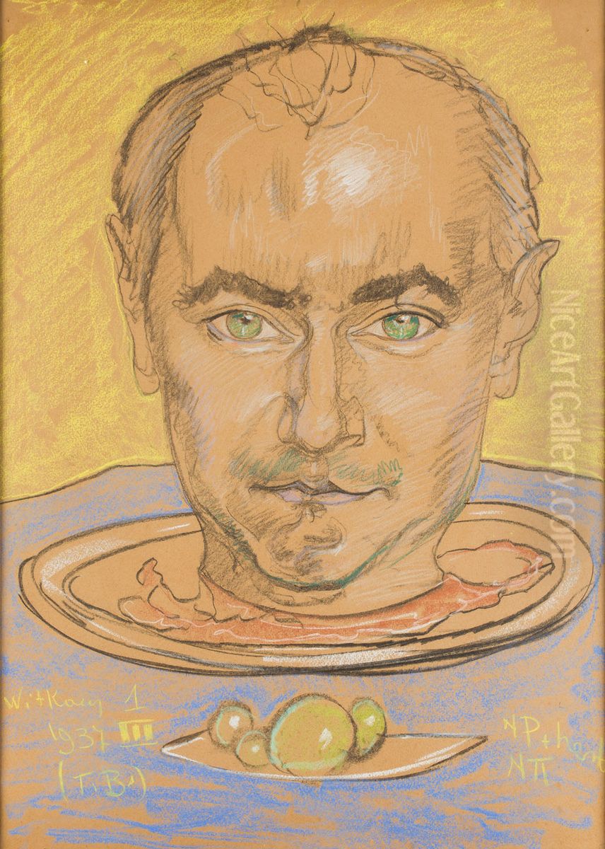 Portret Kazimierza Ducha (glowa na talerzu) Oil Painting by Stanislaw Ignacy Witkiewicz (Witkacy)