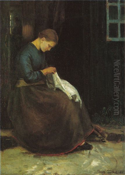 Young woman with her needle-work at the door of a house Oil Painting by Anna Ancher