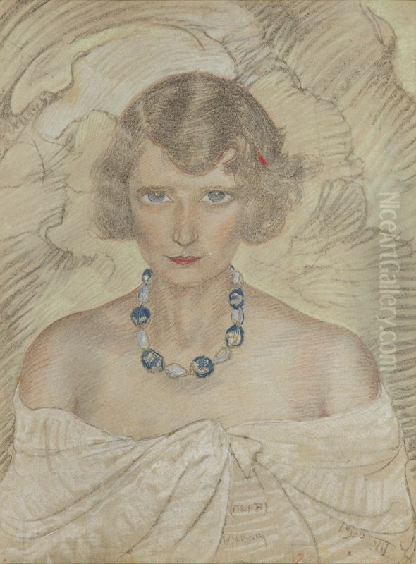 Portret kobiety z niebieskimi koralami Oil Painting by Stanislaw Ignacy Witkiewicz (Witkacy)