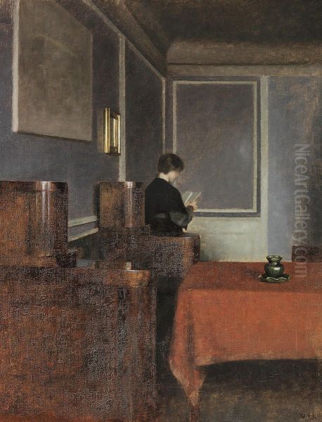 A room. A large Empire style sofa takes up the left part of the painting. Oil Painting by Vilhelm Hammershoi