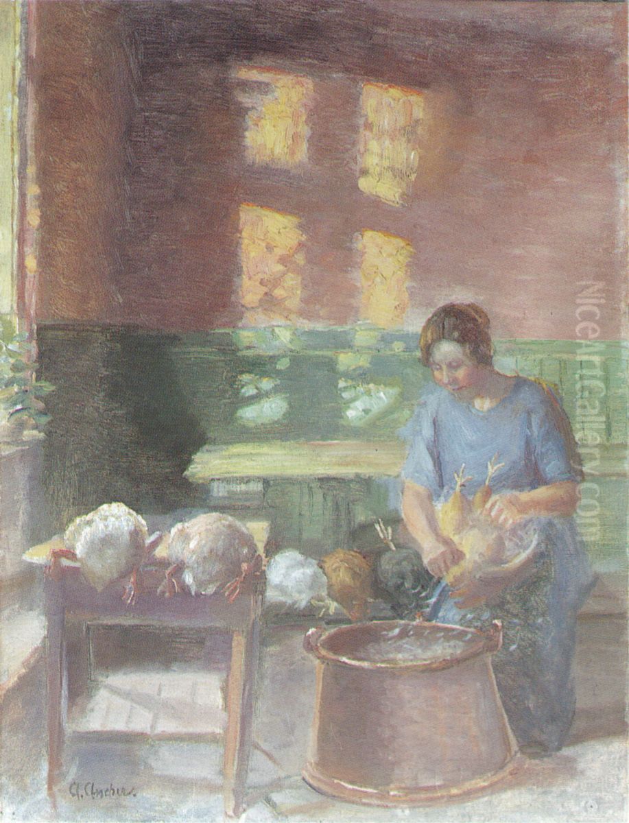 Honsene plukkes Oil Painting by Anna Ancher