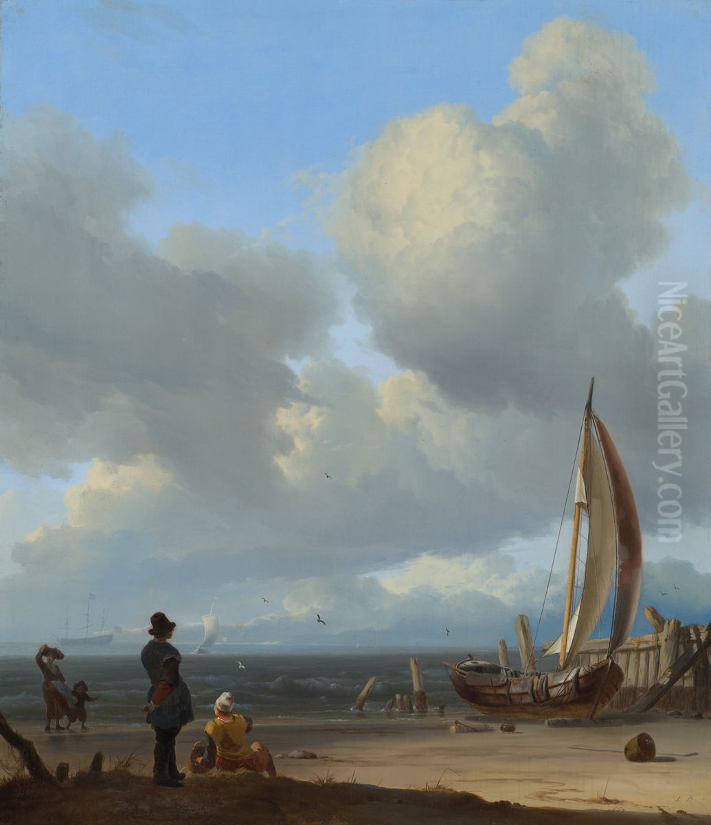 Zeegezicht met figuren bij een vissersboot op het strand Oil Painting by Ludolf Bakhuizen