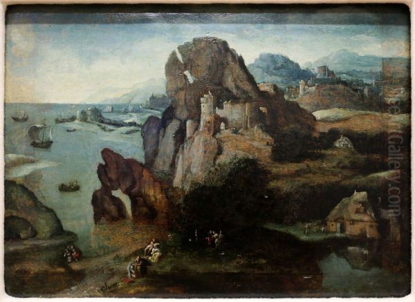 Landscape with the baptism of Christ and the going to Emmaus Oil Painting by Herri met de Bles