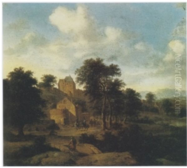 Landschap met jachtgezelschap onder de wallen van een stad (Nijmegen?); op de voorgrond een reiziger bij een bruggetje Oil Painting by Jan Van Der Heyden