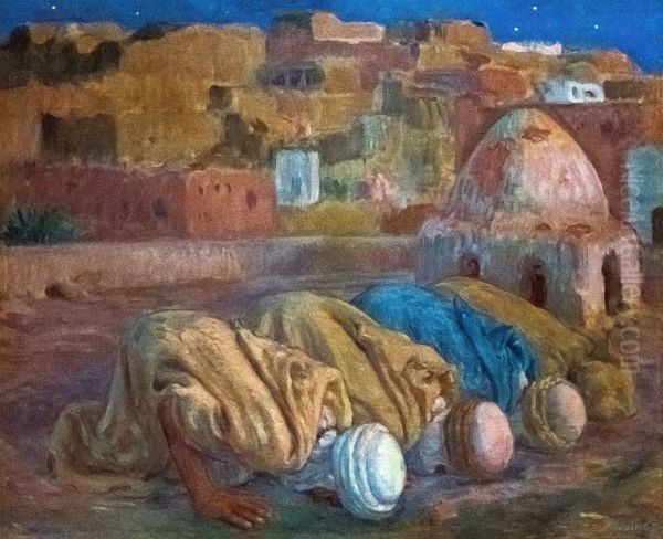 Priere sur une terrasse a Bou-Saada Oil Painting by Nasreddine Dinet