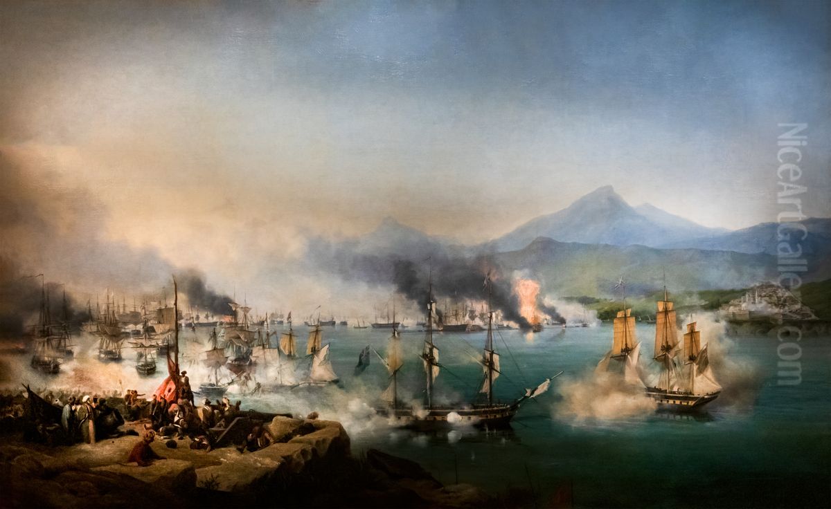 Musee des Beaux-Arts de Narbonne - Ambroise Louis Garneray - La Bataille de Navarin Oil Painting by Ambroise-Louis Garneray