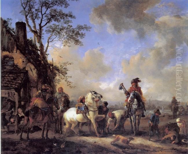Landscape with horsemen, a smith and children Oil Painting by Philips Wouwerman