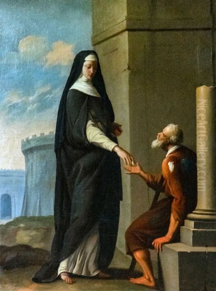 Soeur carmelite donnant l'aumone Oil Painting by Eustache Le Sueur