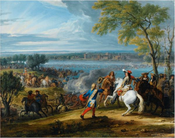 The crossing of the Rhine at Lobith, 12 June 1672 Oil Painting by Adam Frans van der Meulen