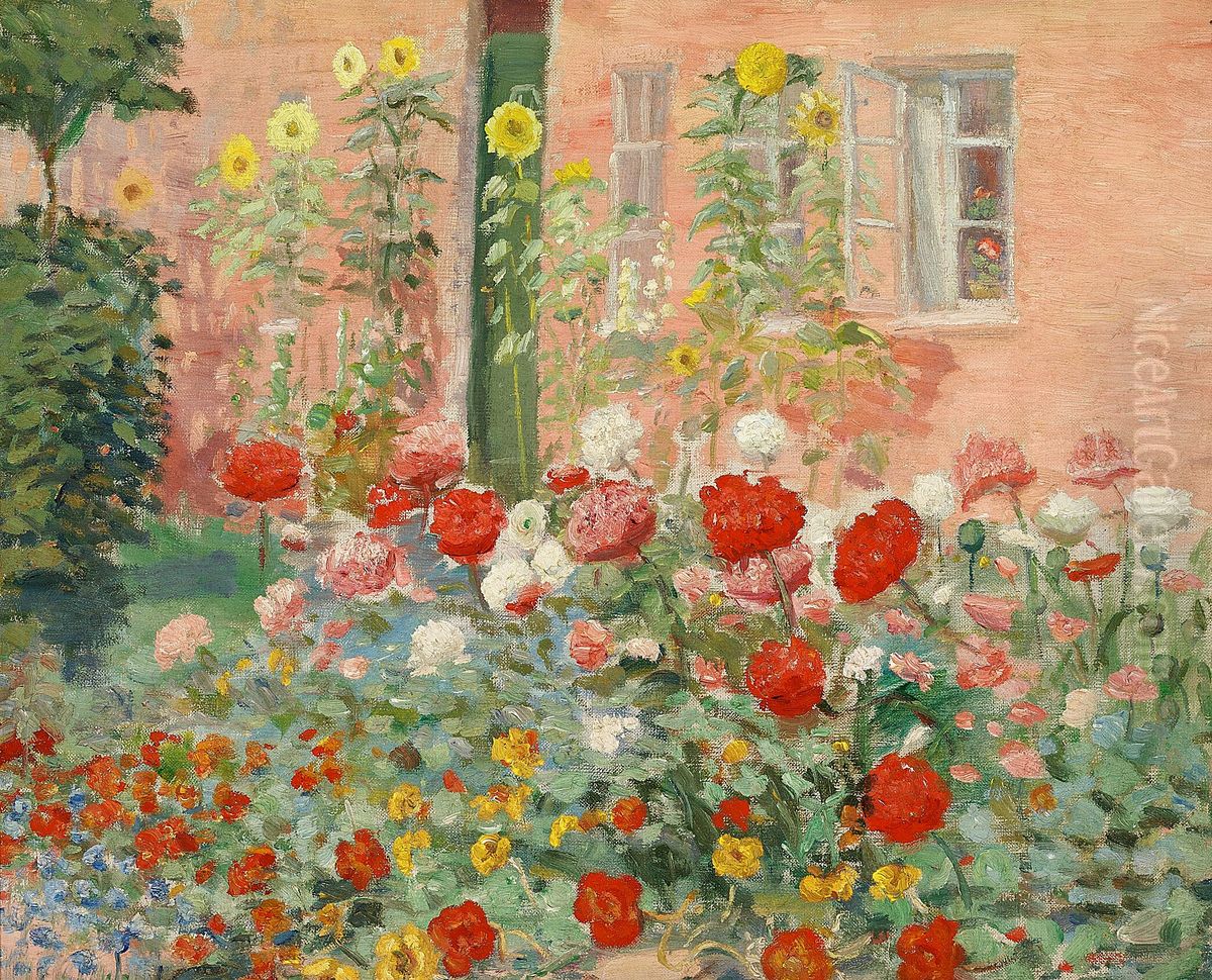 Brogede blomster i familien Anchers have pa Markvej. Oil Painting by Anna Ancher