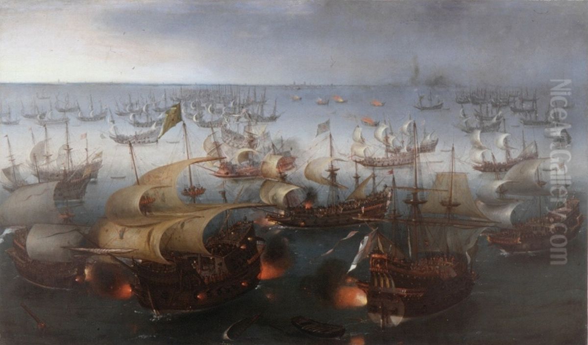 Zevende dag van zeeslag met de Armada, 7 augustus 1588 Oil Painting by Hendrick Cornelisz Vroom