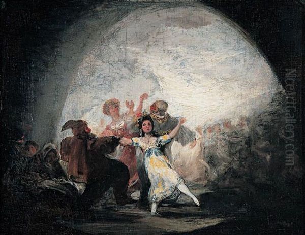 es:Baile de mascarasoes:Danzantes enmascarados bajo un arco Oil Painting by Francisco Goya
