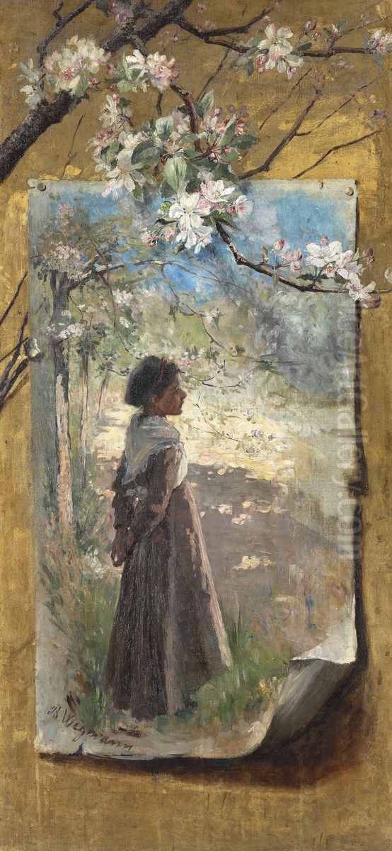Trompe l'oeil med en lille pige staende under et blomstrende aebletrae pa et laerred fastgjort pa en vaeg under en blomstrende aeblegren Oil Painting by Bertha Wegmann