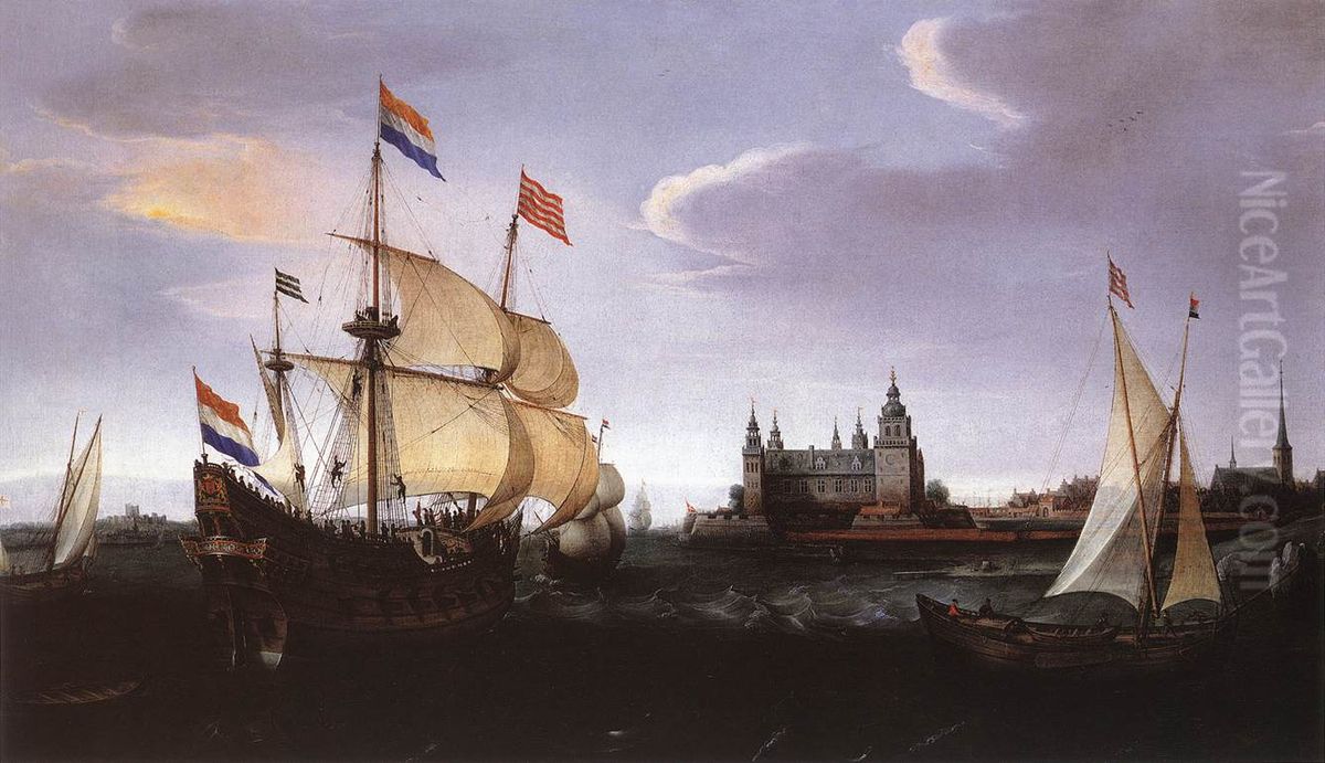 Arrival of a Dutch Three-master at Schloss Kronberg Oil Painting by Hendrick Cornelisz Vroom