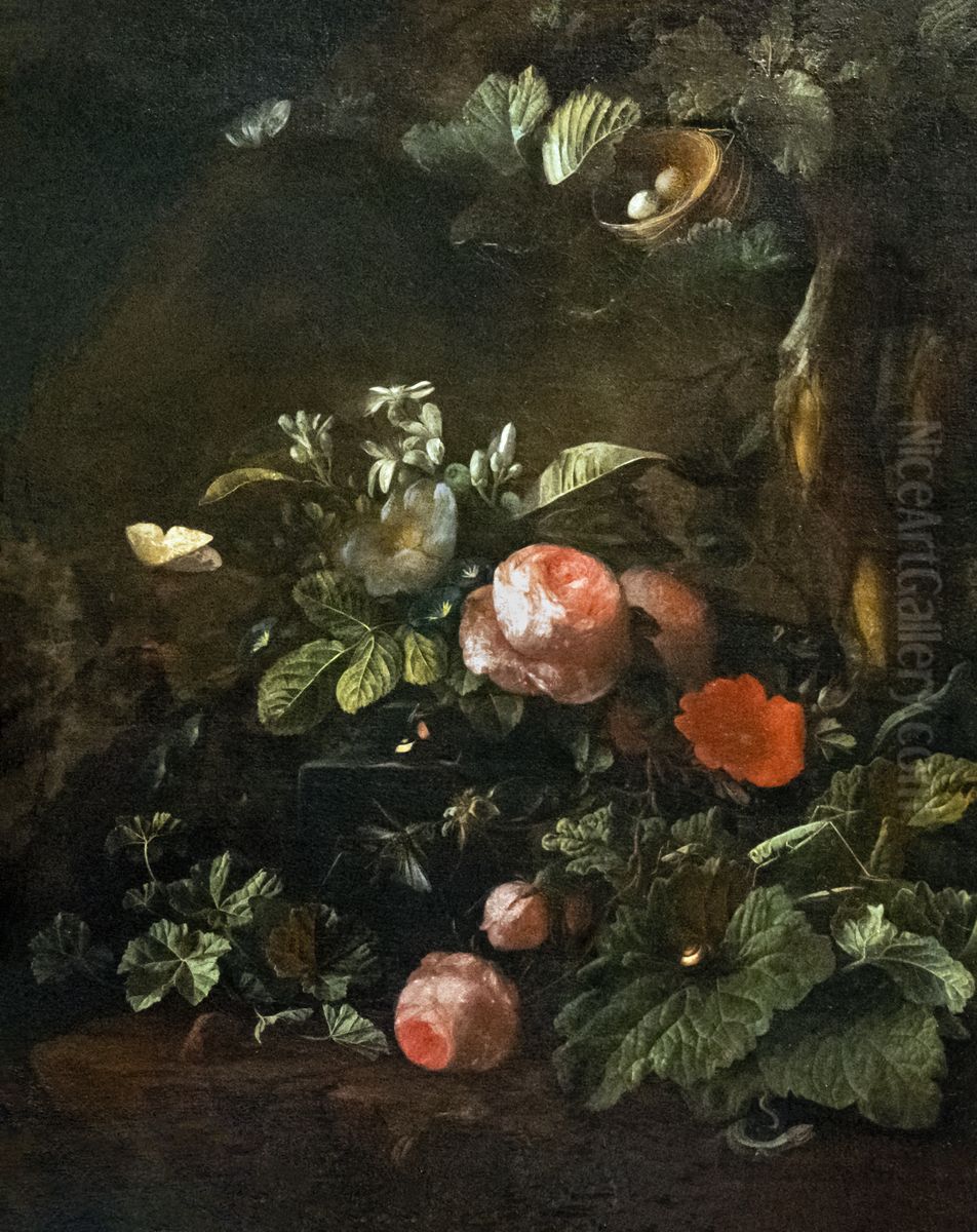 Rosiers, fleurs, insectes et serpents Oil Painting by Elias van den Broeck