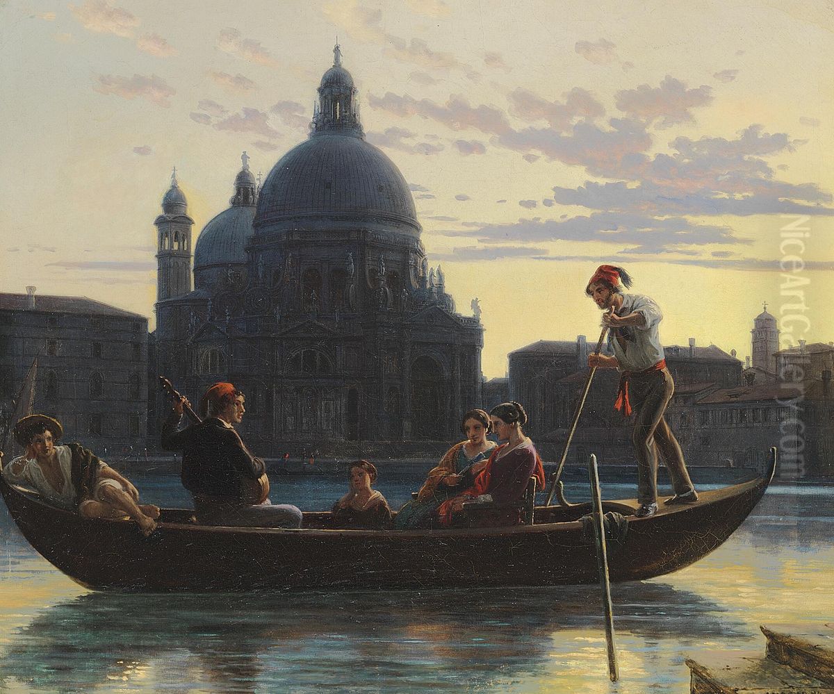 Faergescene paa Canale Grande i Venedig, i Baggrunden Kirken St. Maria della Salute. Aften. Oil Painting by Wilhelm Marstrand
