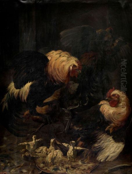 Combat de coqs Oil Painting by Charles-Emile Matthis