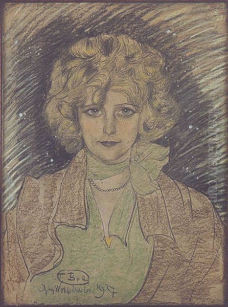 Portrait of Olga Wojakowa with a ribbon Oil Painting by Stanislaw Ignacy Witkiewicz