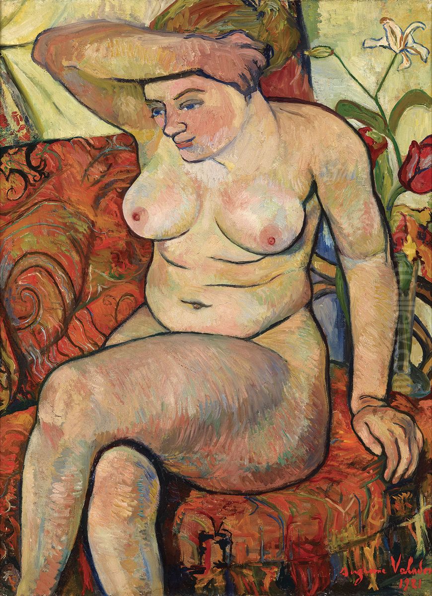 Nu assis au chale tapis Oil Painting by Suzanne Valadon