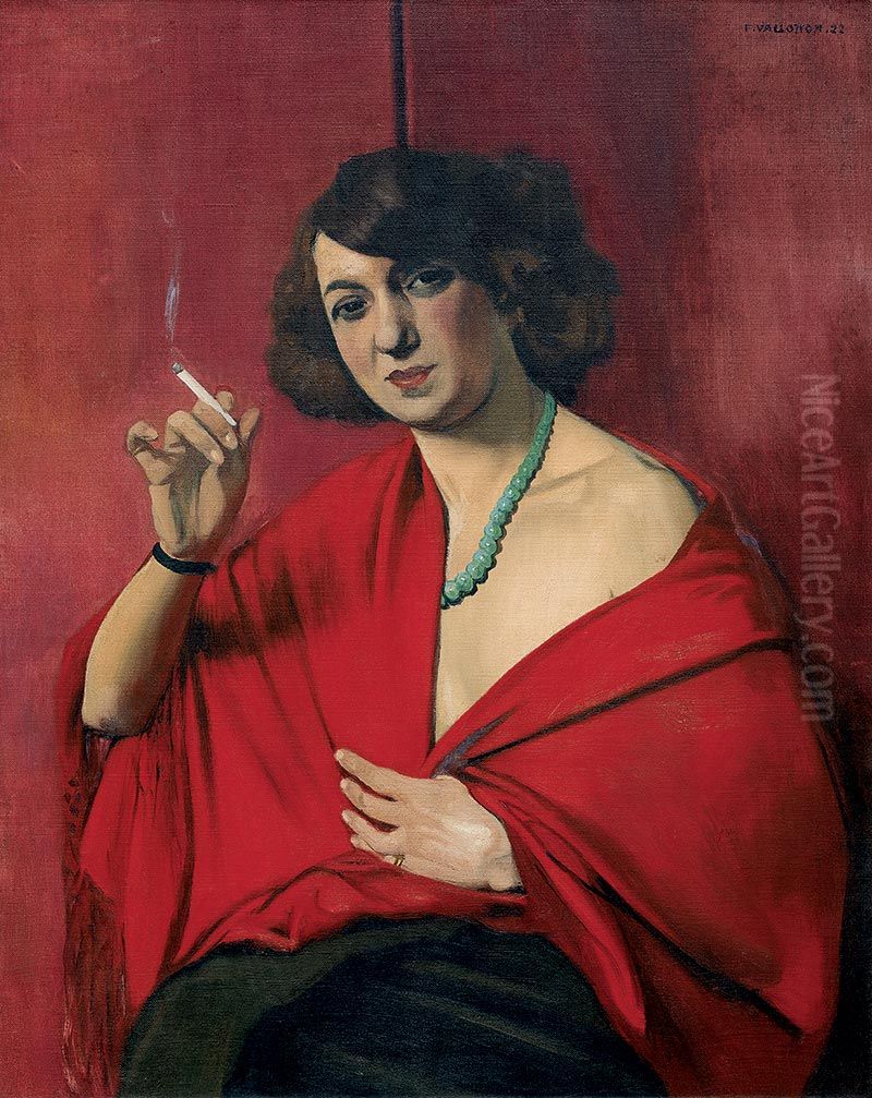 Femme drapee de rouge tenant une cigarette Oil Painting by Felix Vallotton