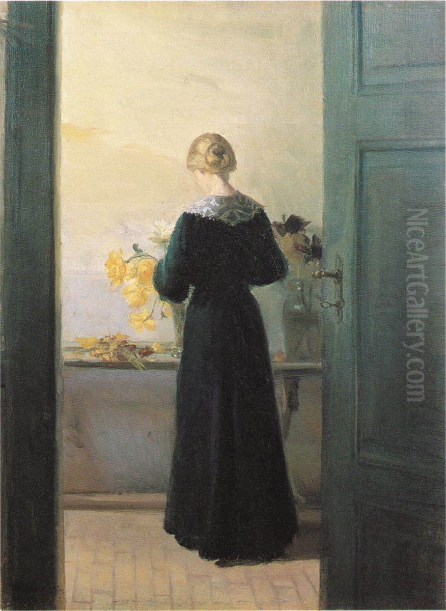 En ung pige ordner blomster. Oil Painting by Anna Ancher