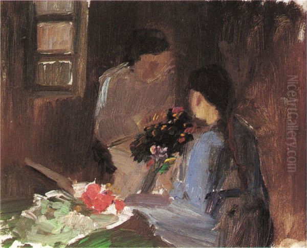 Arranging flowers. Oil Painting by Anna Ancher