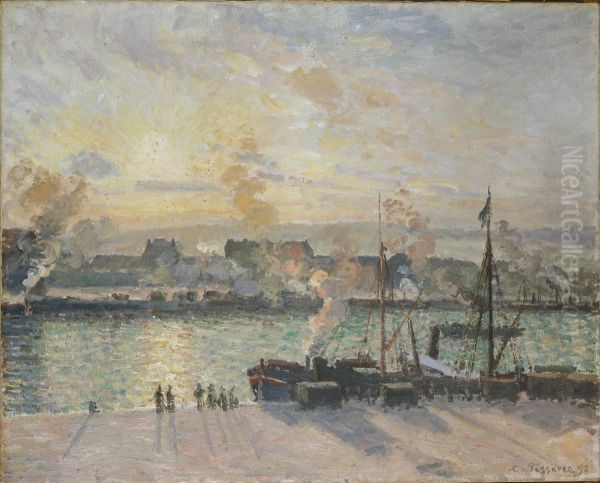 Sunset, Port of Rouen (Steamboats) Oil Painting by Camille Pissarro