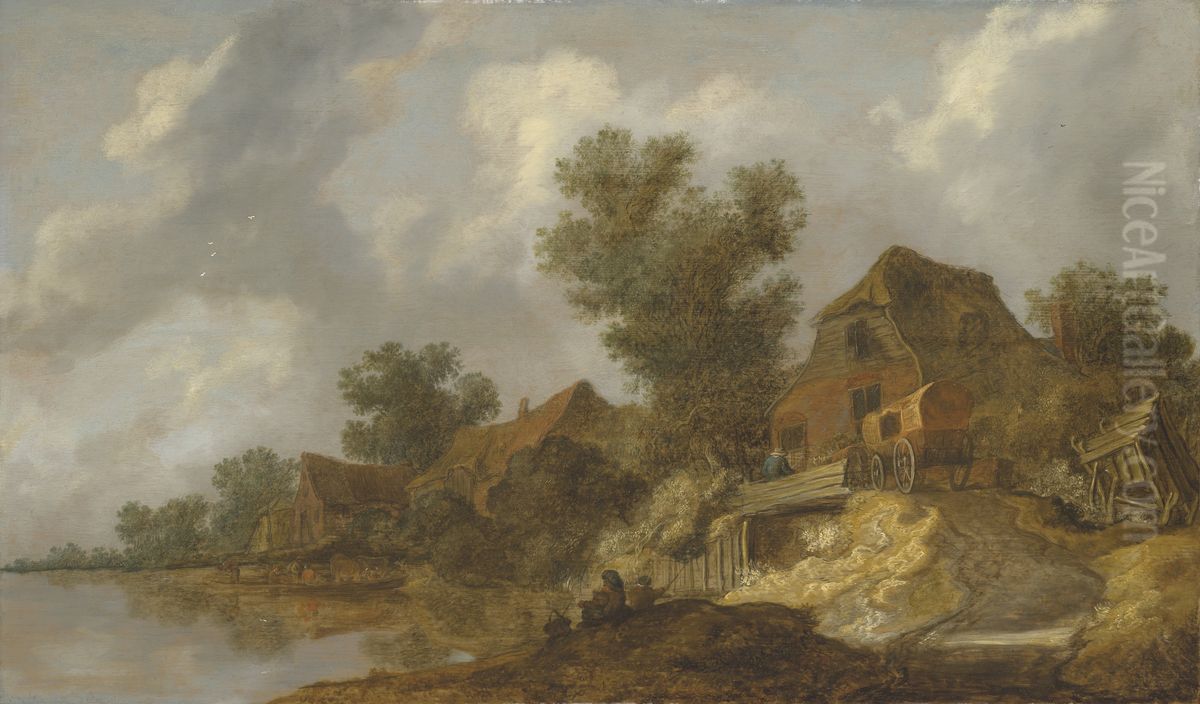A river landscape with a ferry and fisherfolk, a carriage on a bridge near houses to the right Oil Painting by Pieter De Molijn