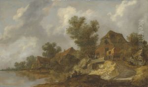 A river landscape with a ferry and fisherfolk, a carriage on a bridge near houses to the right