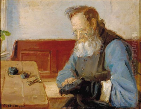 En mand, der stopper stromper. Oil Painting by Anna Ancher