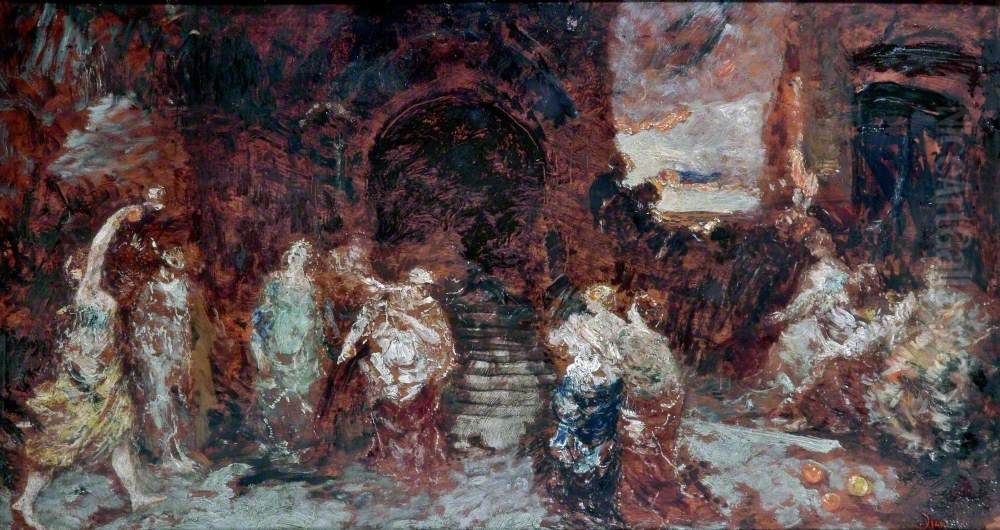 Ladies Playing with Oranges Oil Painting by Adolphe Joseph Thomas Monticelli