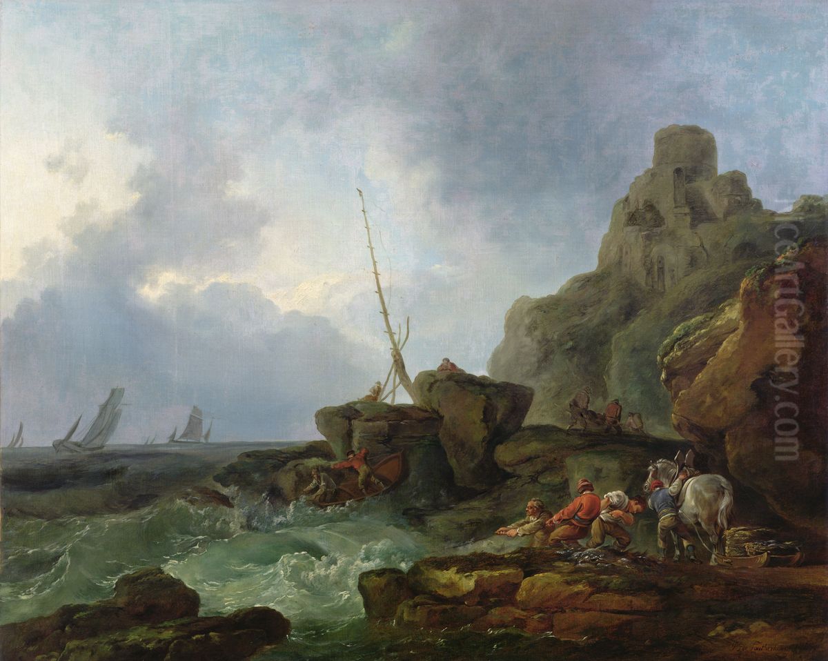 The Wreckers (Fishermen pulling in their nets in rough sea) Oil Painting by Philip James de Loutherbourg