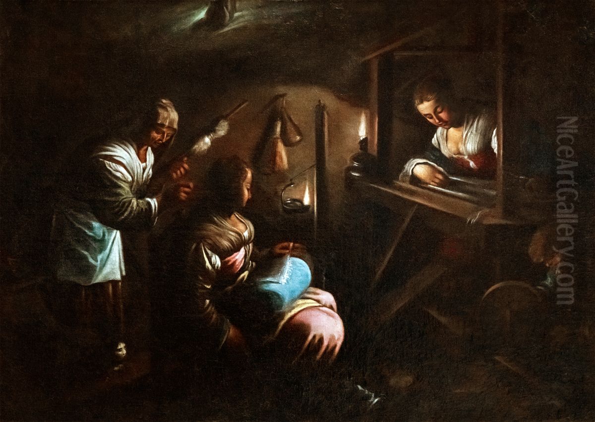 Musee des Beaux-Arts de Narbonne - Da Ponte - Interieur d'un menage ou les fileuses Oil Painting by Jacopo Bassano
