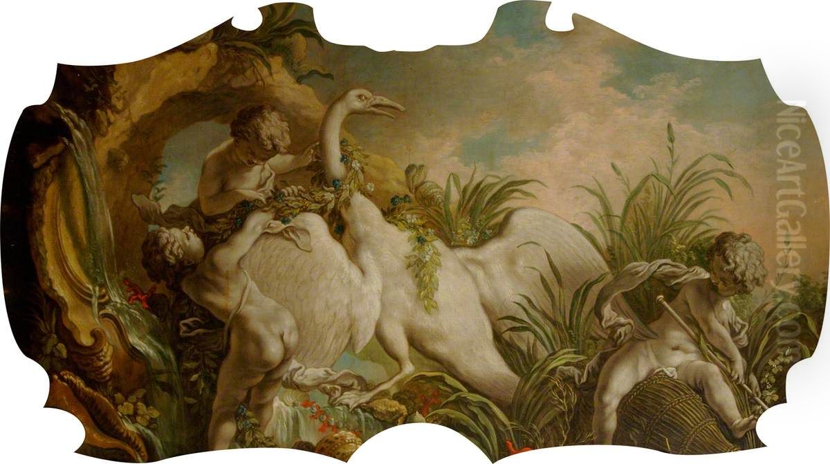 Overdoor with a Fountain and Three Putti Trapping a Swan Oil Painting by Jacques de Lajoue