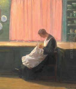 When the day is done. Young girl sewing.