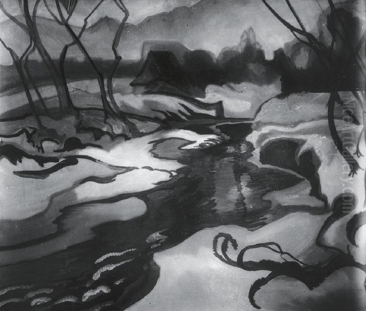 Winter landscape with a stream Oil Painting by Stanislaw Ignacy Witkiewicz (Witkacy)