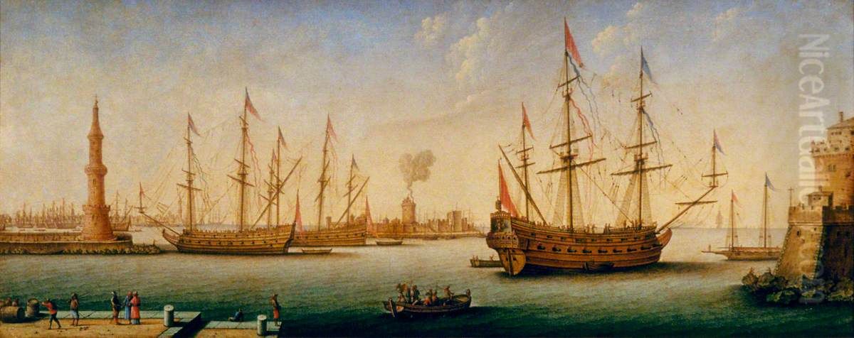 Mediterranean Port with Men o' War Oil Painting by Pierre Puget