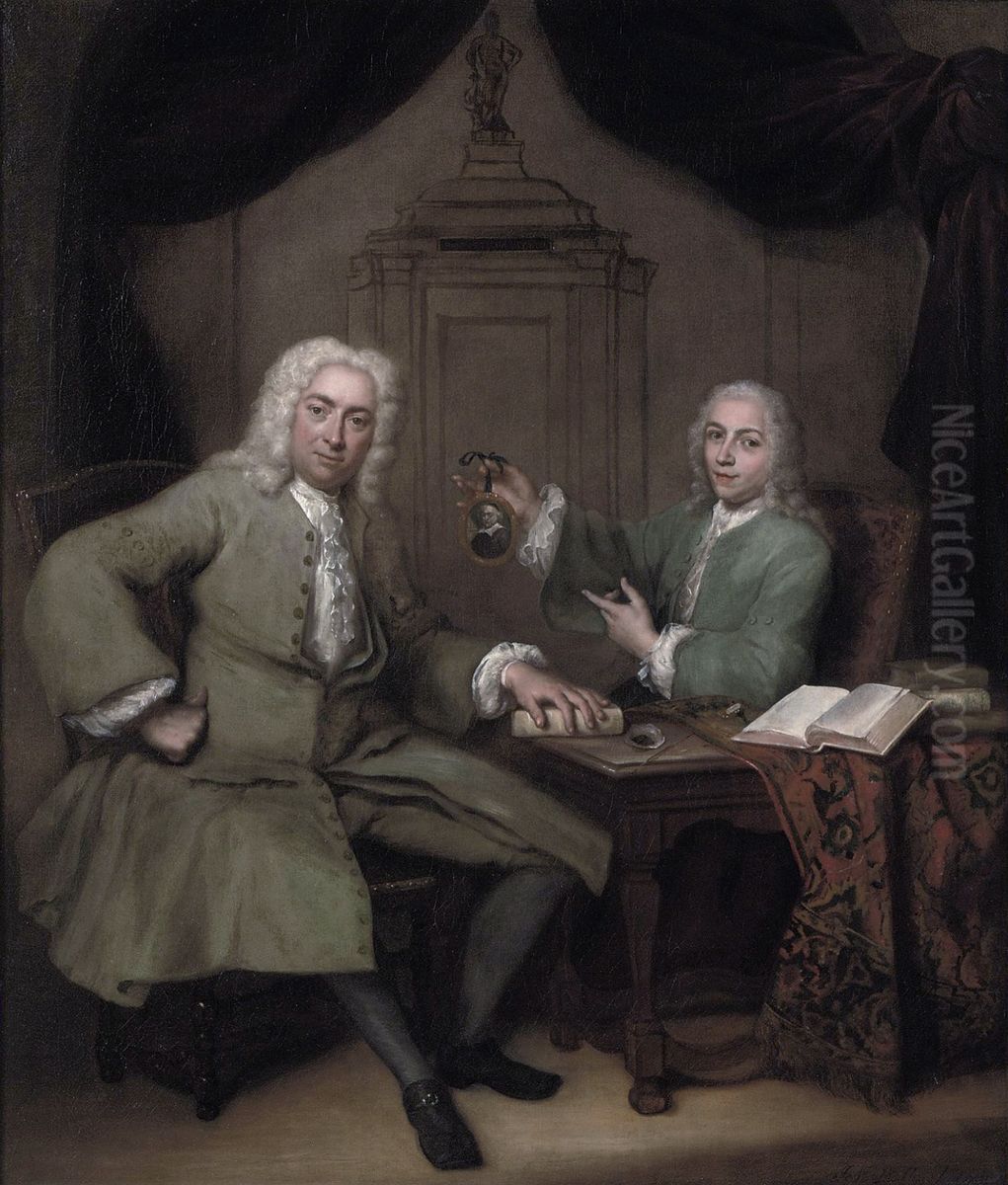 Double portrait of Michiel de Roode (1685-1771) and Jan Punt (1711-1779) holding a portrait miniature of Joost van den Vondel Oil Painting by Jan Maurits Quinkhard