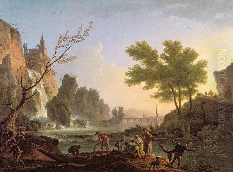 Fishermen in a Landscape with a Cascade and a Bridge Oil Painting by Joseph Vernet