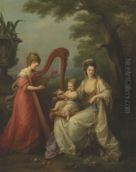 Portrait of Lady Elizabeth Smith-Stanley, Countess of Derby, with her infant son Edward, later 13th Earl of Derby, and her half-sister, Lady Augusta Campbell, playing the harp Oil Painting by Angelica Kauffmann