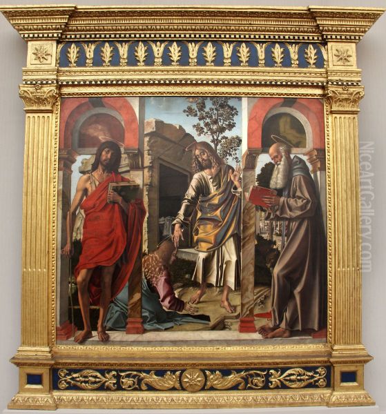 Der auferstandene Christus mit Maria Magdalena und Heiligen Oil Painting by Bartolomeo Montagna