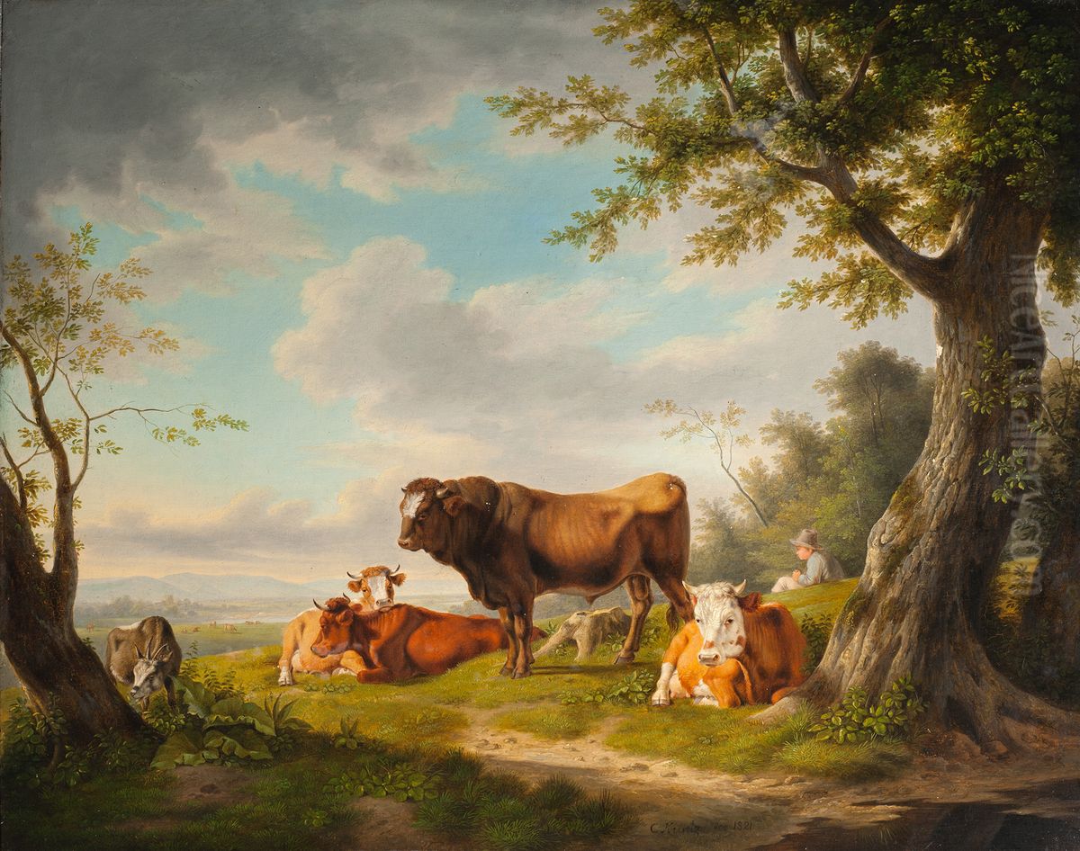 Landscape with cattle and a shepherd Oil Painting by Carl Kuntz