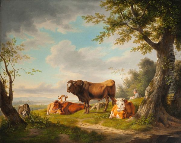 Landscape with cattle and a shepherd Oil Painting by Carl Kuntz