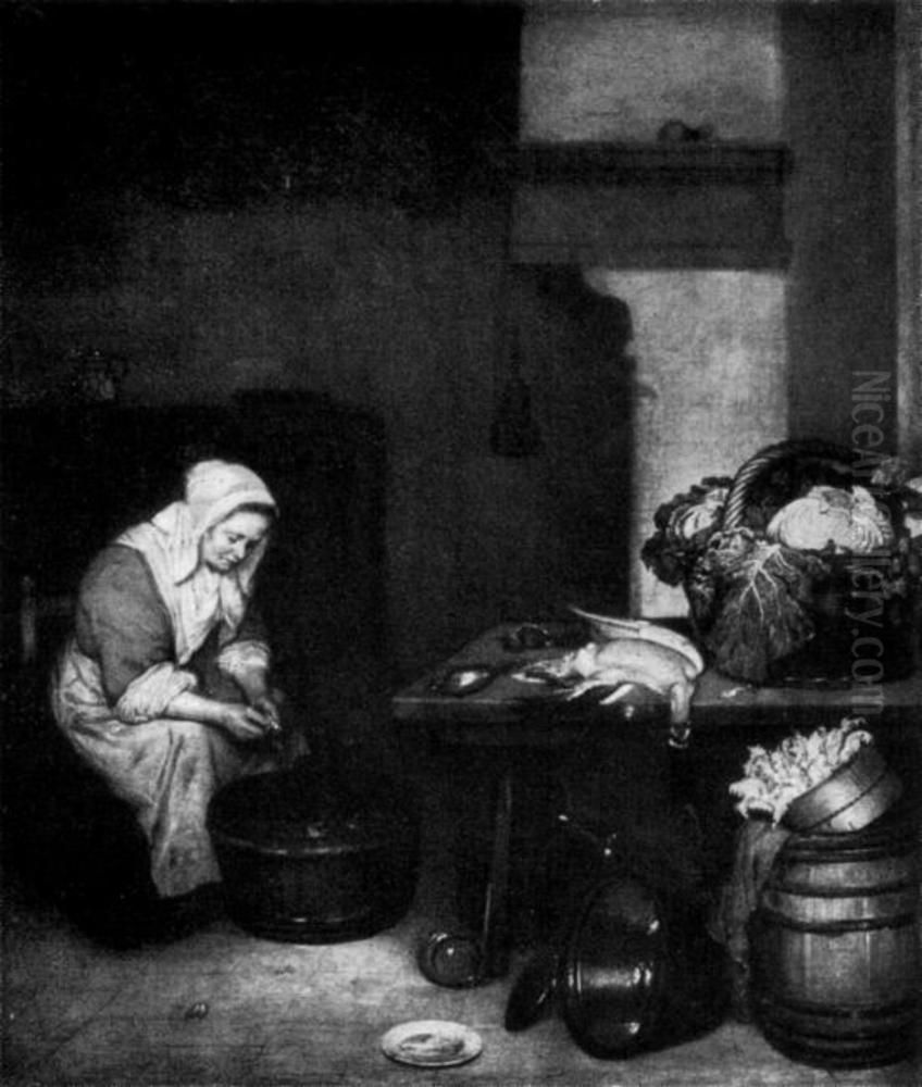 The kitchen Oil Painting by Caspar Netscher