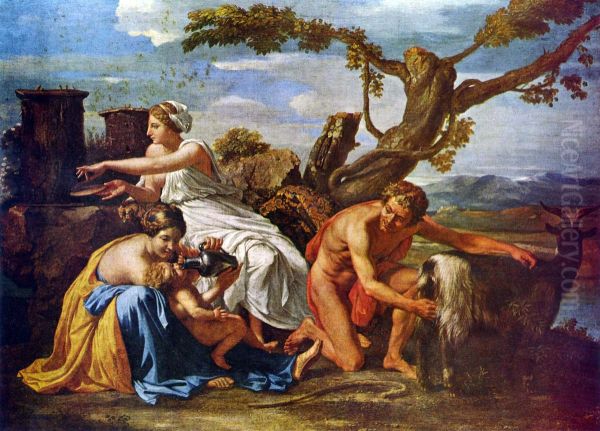 Jupiter als Kind von der Ziege Amalthea genahrt Oil Painting by Nicolas Poussin